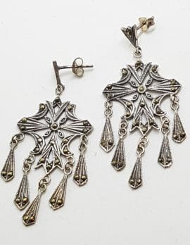 Sterling Silver Marcasite Large Ornate Drop Earrings