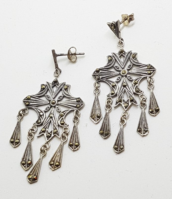 Sterling Silver Marcasite Large Ornate Drop Earrings
