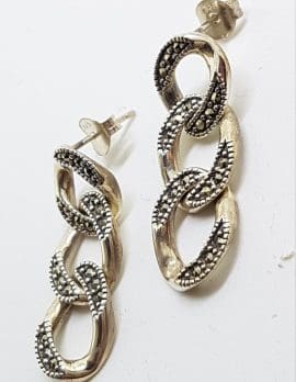 Sterling Silver Marcasite Long Curb Link Drop Earrings