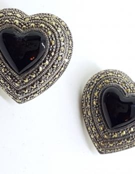 Sterling Silver Marcasite & Onyx Large Heart Stud Earrings