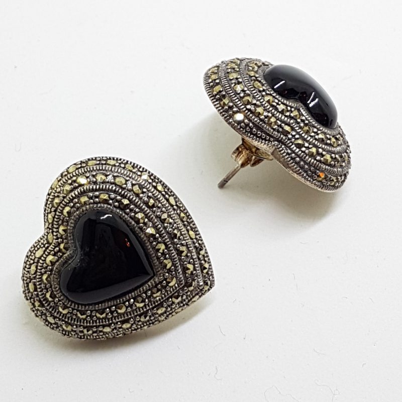 Sterling Silver Marcasite & Onyx Large Heart Stud Earrings
