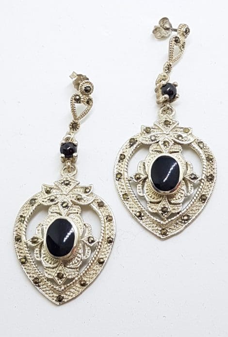 Sterling Silver Marcasite & Onyx Large Ornate Drop Earrings
