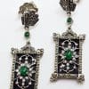 Sterling Silver Marcasite, Onyx and Green Agate Drop Earrings
