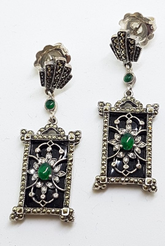 Sterling Silver Marcasite, Onyx and Green Agate Drop Earrings