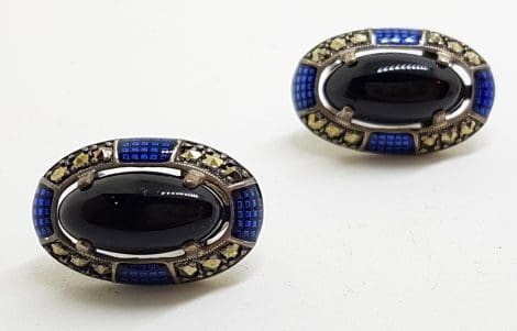 Sterling Silver Marcasite, Onyx & Blue Enamel Large Oval Stud Earrings