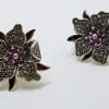 Sterling Silver Marcasite, Tourmaline and Enamel Large Flower Stud Earrings
