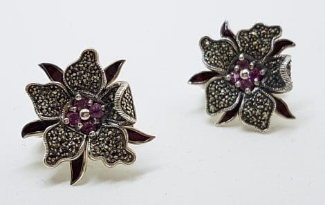 Sterling Silver Marcasite, Tourmaline and Enamel Large Flower Stud Earrings