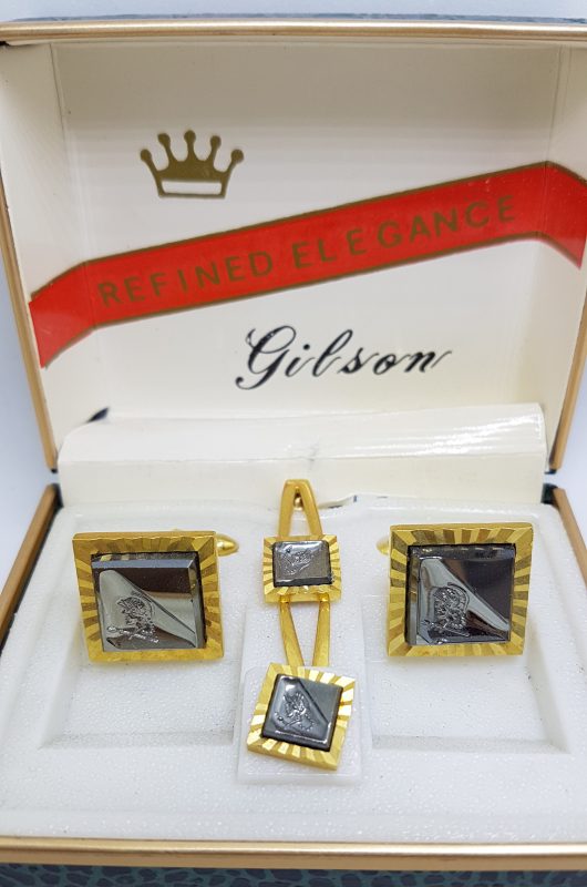 Gold Plated Square Roman Soldier Cufflink, Stud & Tie Clip Set