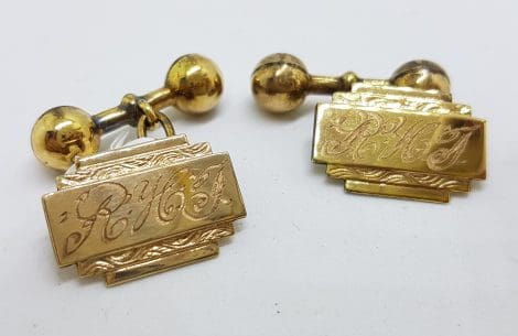 Gold Lined Initialed Ornate Rectangular Cufflinks