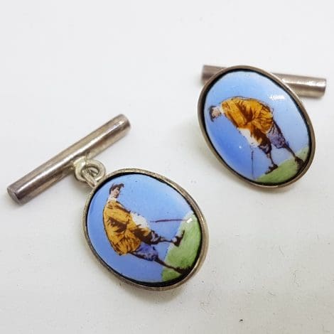 Sterling Silver Enamel Oval Golf Player Cufflinks