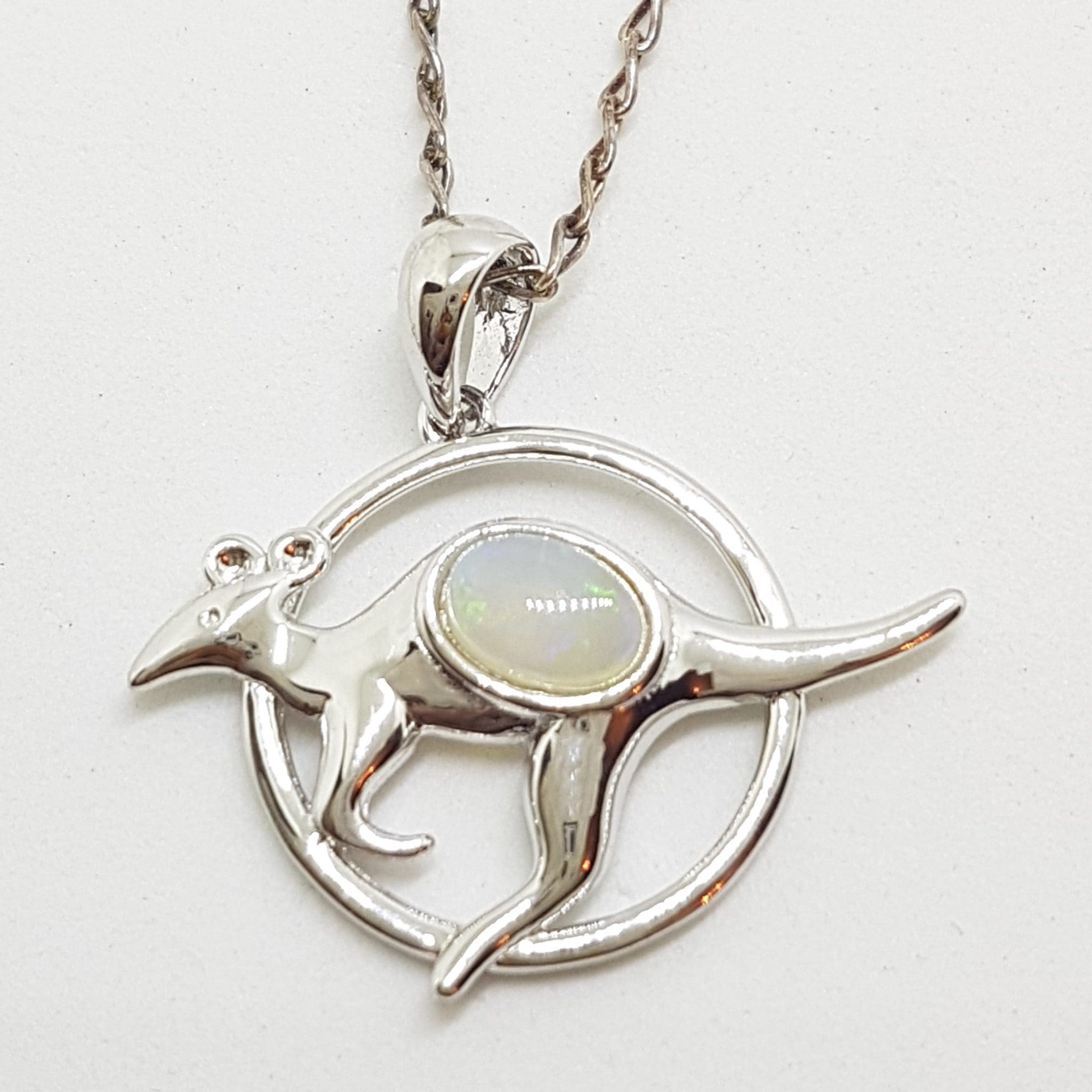 20200518_181717 (1) Sterling Silver White Opal Kangaroo in Circle Pendant on Silver Chain