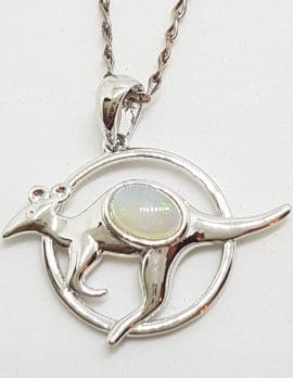 Sterling Silver White Opal Kangaroo in Circle Pendant on Silver Chain