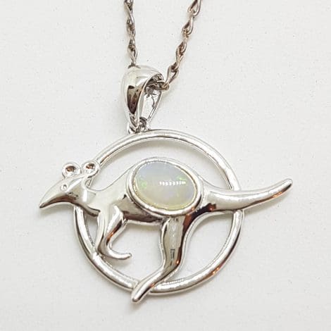 Sterling Silver White Opal Kangaroo in Circle Pendant on Silver Chain