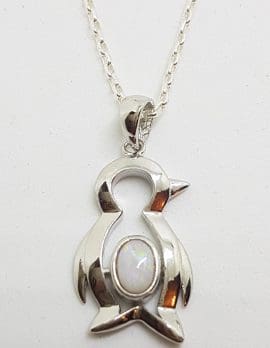 Sterling Silver White Opal Penguin Pendant on Silver Chain