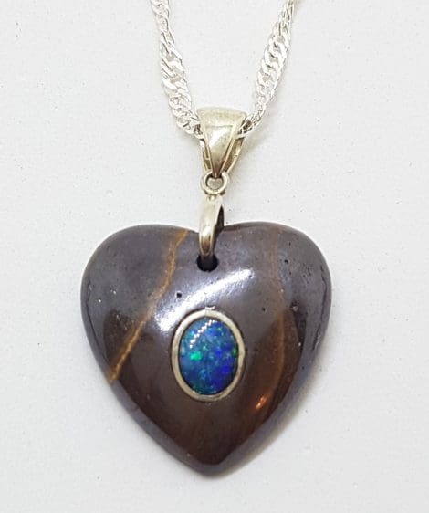 Sterling Silver Blue Opal in Ironstone Large Heart Pendant on Silver Chain