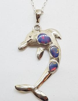Sterling Silver Blue Opal Large Dolphin Pendant on Silver Chain