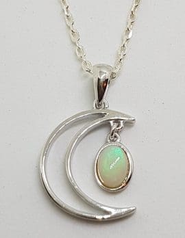 Sterling Silver White Opal Crescent Moon Pendant on Silver Chain