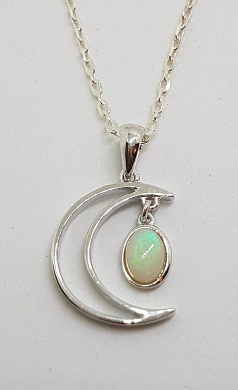 Sterling Silver White Opal Crescent Moon Pendant on Silver Chain