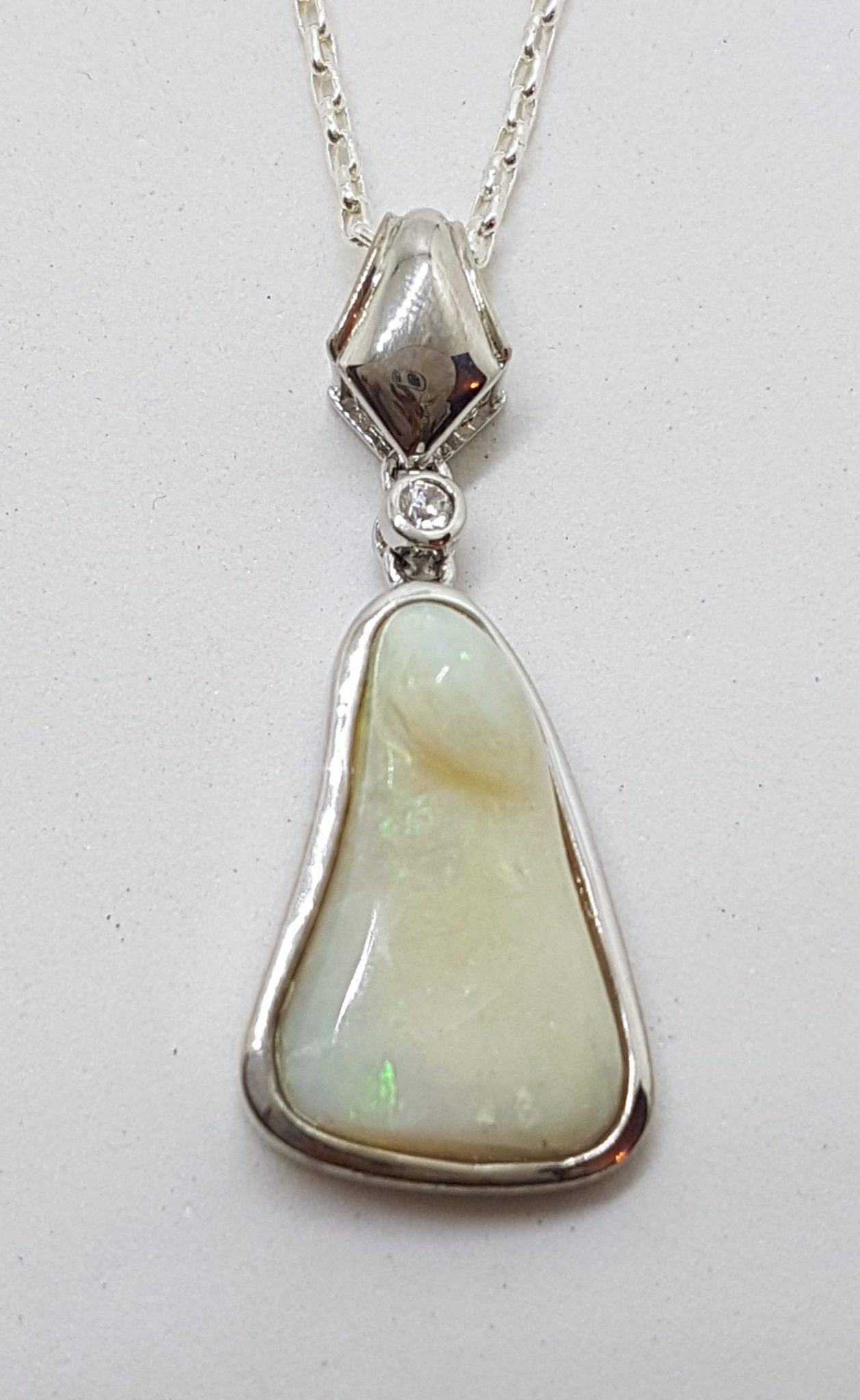 Sterling Silver White Opal Solid Pendant with Cubic Zirconia on Silver Chain