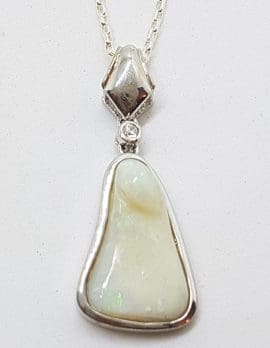 Sterling Silver White Opal Solid Pendant with Cubic Zirconia on Silver Chain