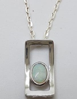 Sterling Silver White Opal Oval in Rectangular Pendant on Silver Chain