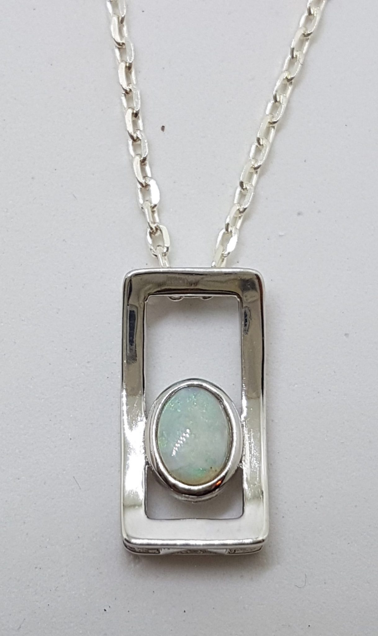 20200518_182259 Sterling Silver White Opal Oval in Rectangular Pendant on Silver Chain