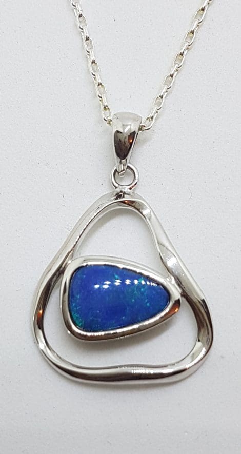 Sterling Silver Blue Opal Triangular Pendant on Silver Chain