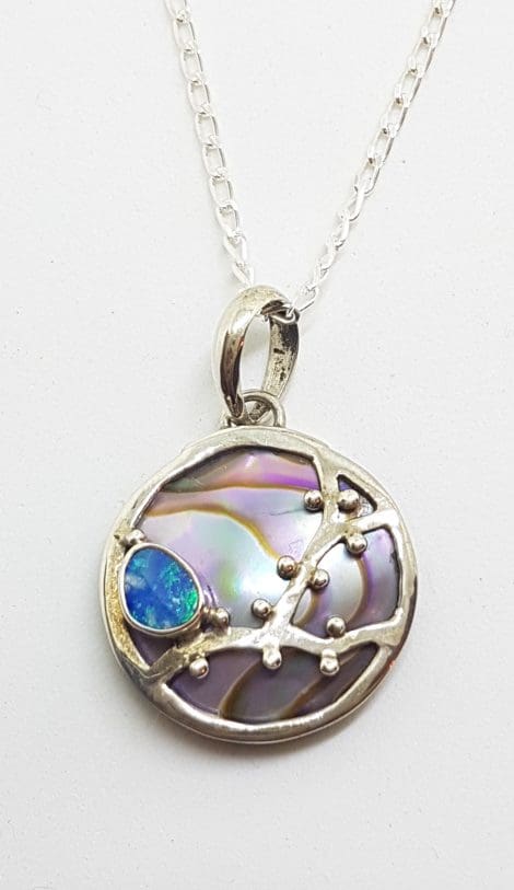 Sterling Silver Blue Opal & Paua Shell Round Pendant on Silver Chain