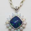 Sterling Silver Blue & White Opal Square Cluster Pendant on Silver Chain