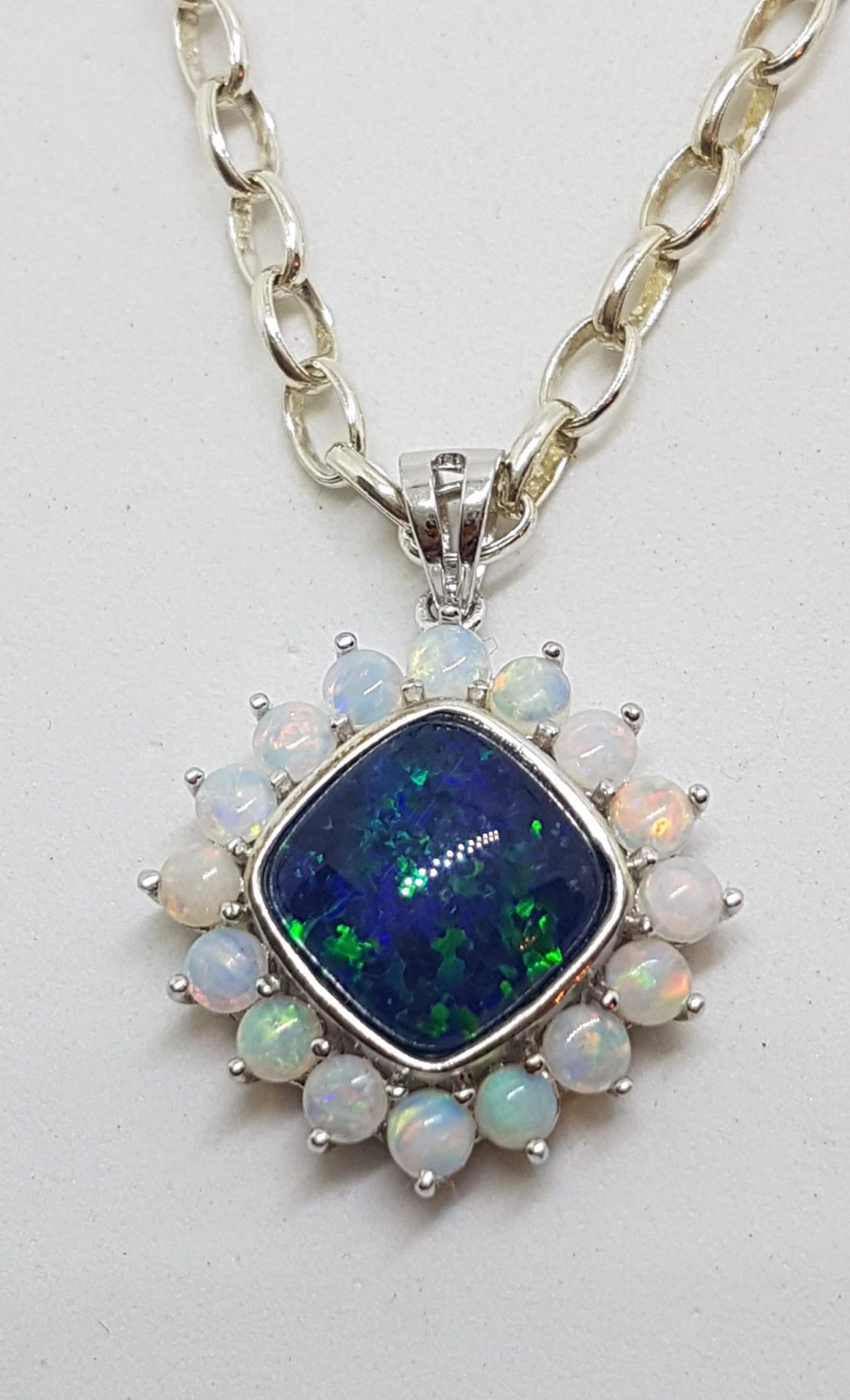 Sterling Silver Blue & White Opal Square Cluster Pendant on Silver Chain
