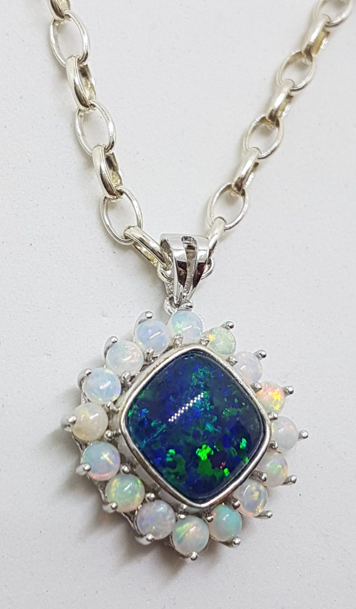 Sterling Silver Blue & White Opal Square Cluster Pendant on Silver Chain