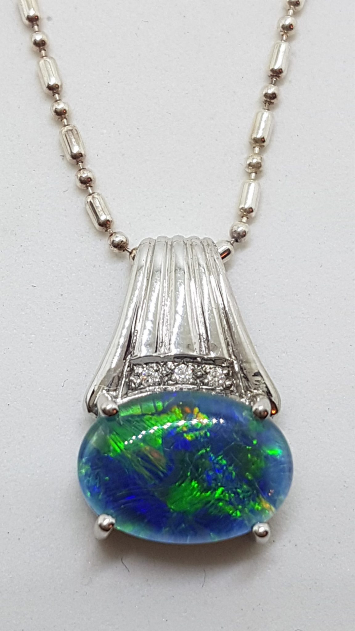 Sterling Silver Blue Opal & Cubic Zirconia Pendant on Silver Chain
