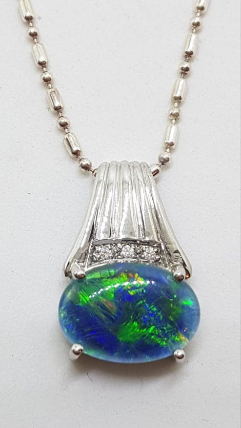 Sterling Silver Blue Opal & Cubic Zirconia Pendant on Silver Chain