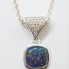 Sterling Silver Blue Opal & Cubic Zirconia Square Drop Pendant on Silver Chain