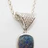 Sterling Silver Blue Opal & Cubic Zirconia Square Drop Pendant on Silver Chain