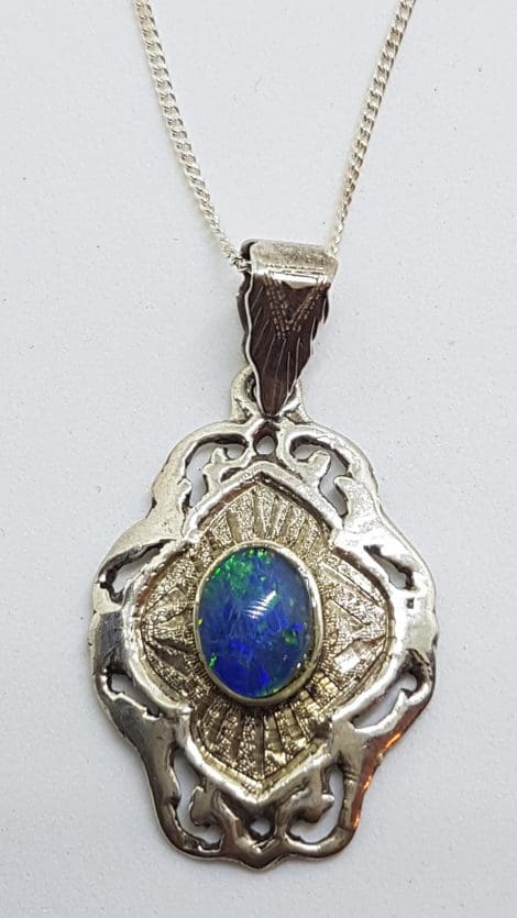 Sterling Silver Blue Opal Ornate Pendant on Silver Chain