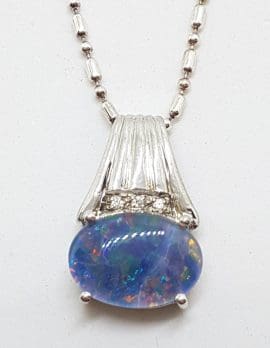Sterling Silver Oval Blue Opal & Cubic Zirconia Pendant on Silver Chain