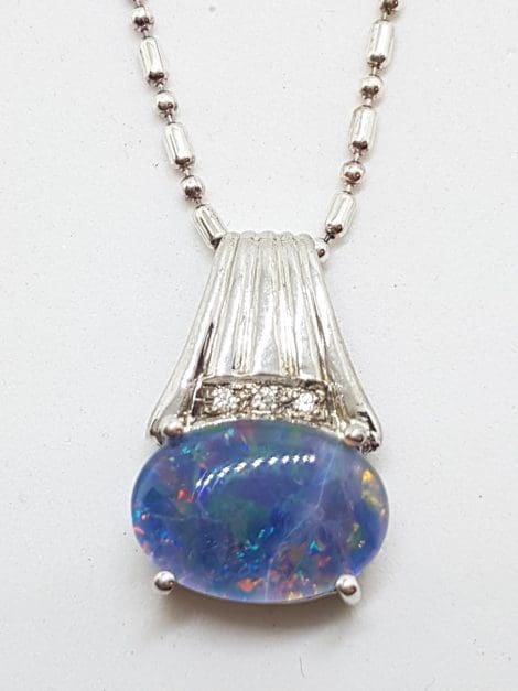 Sterling Silver Oval Blue Opal & Cubic Zirconia Pendant on Silver Chain