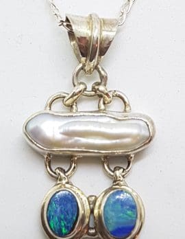 Sterling Silver Blue Opal & Blister Pearl Drop Pendant on Silver Chain