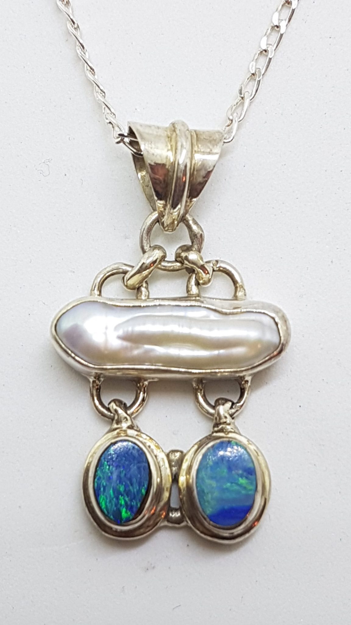 Sterling Silver Blue Opal & Blister Pearl Drop Pendant on Silver Chain