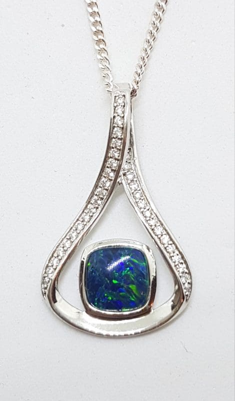 Sterling Silver Blue Opal & Cubic Zirconia Large Pendant on Silver Chain