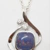 Sterling Silver Blue Opal & Cubic Zirconia Ornate Pendant on Silver Chain