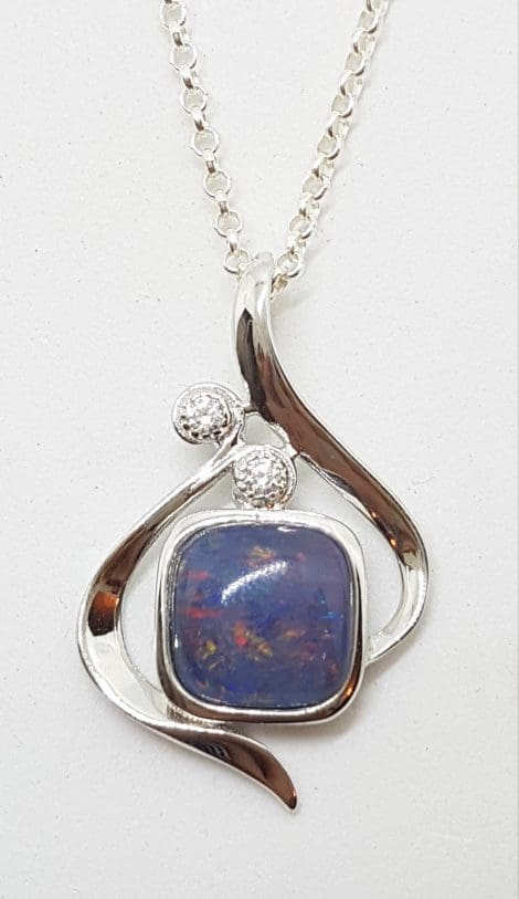 Sterling Silver Blue Opal & Cubic Zirconia Ornate Pendant on Silver Chain