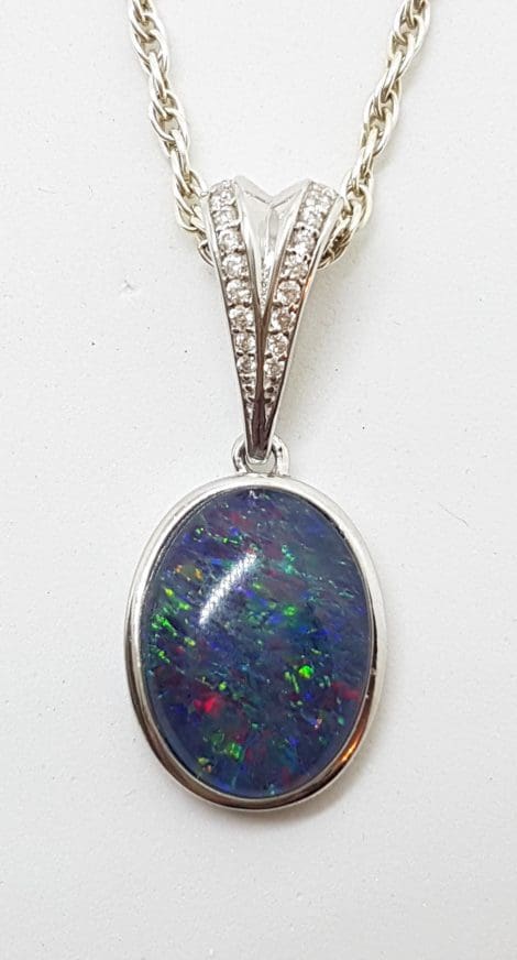 Sterling Silver Blue Opal & Cubic Zirconia Large Drop Pendant on Silver Chain