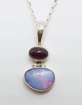 Sterling Silver Blue Opal & Ruby Pendant on Silver Chain