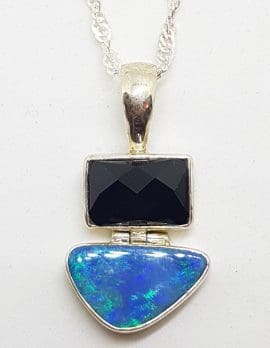 Sterling Silver Blue Opal & Onyx Pendant on Silver Chain