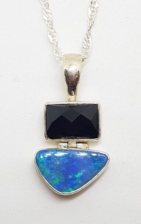 Sterling Silver Blue Opal & Onyx Pendant on Silver Chain