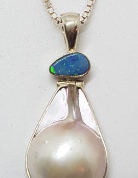 Sterling Silver Blue Opal, Ruby & Mabe Pearl Pendant on Silver Chain