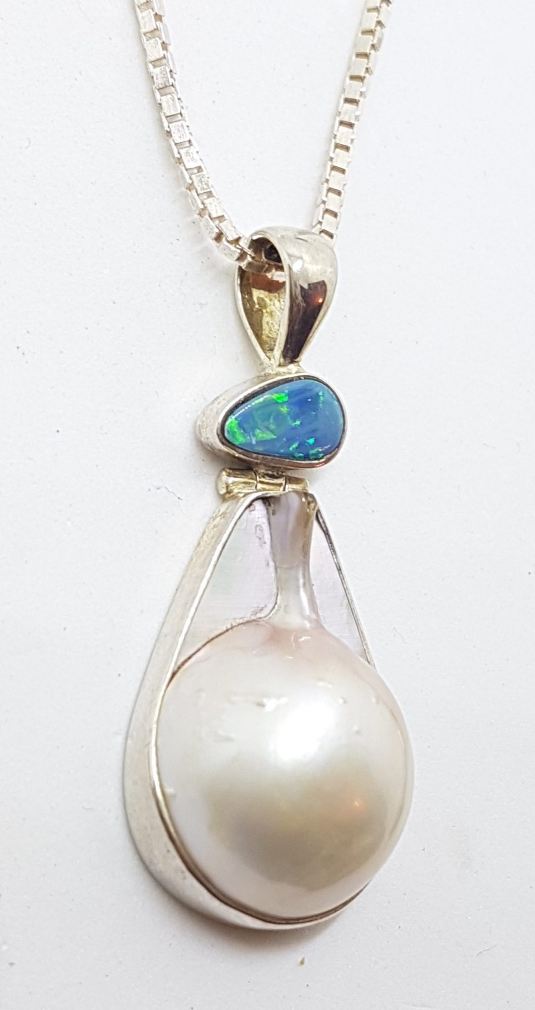 Sterling Silver Blue Opal, Ruby & Mabe Pearl Pendant on Silver Chain