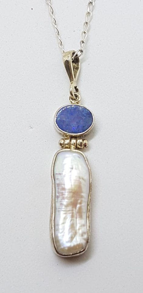 Sterling Silver Blue Opal & Blister Pearl Pendant on Silver Chain